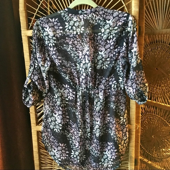 EXPRESS Floral Sheer Button Down Top Navy Pink Small - Picture 7 of 9